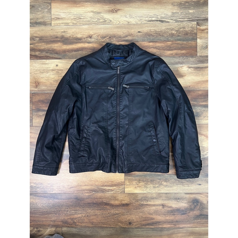 APT 9 men's faux leather black bomber jacket size large casual neutral sleek